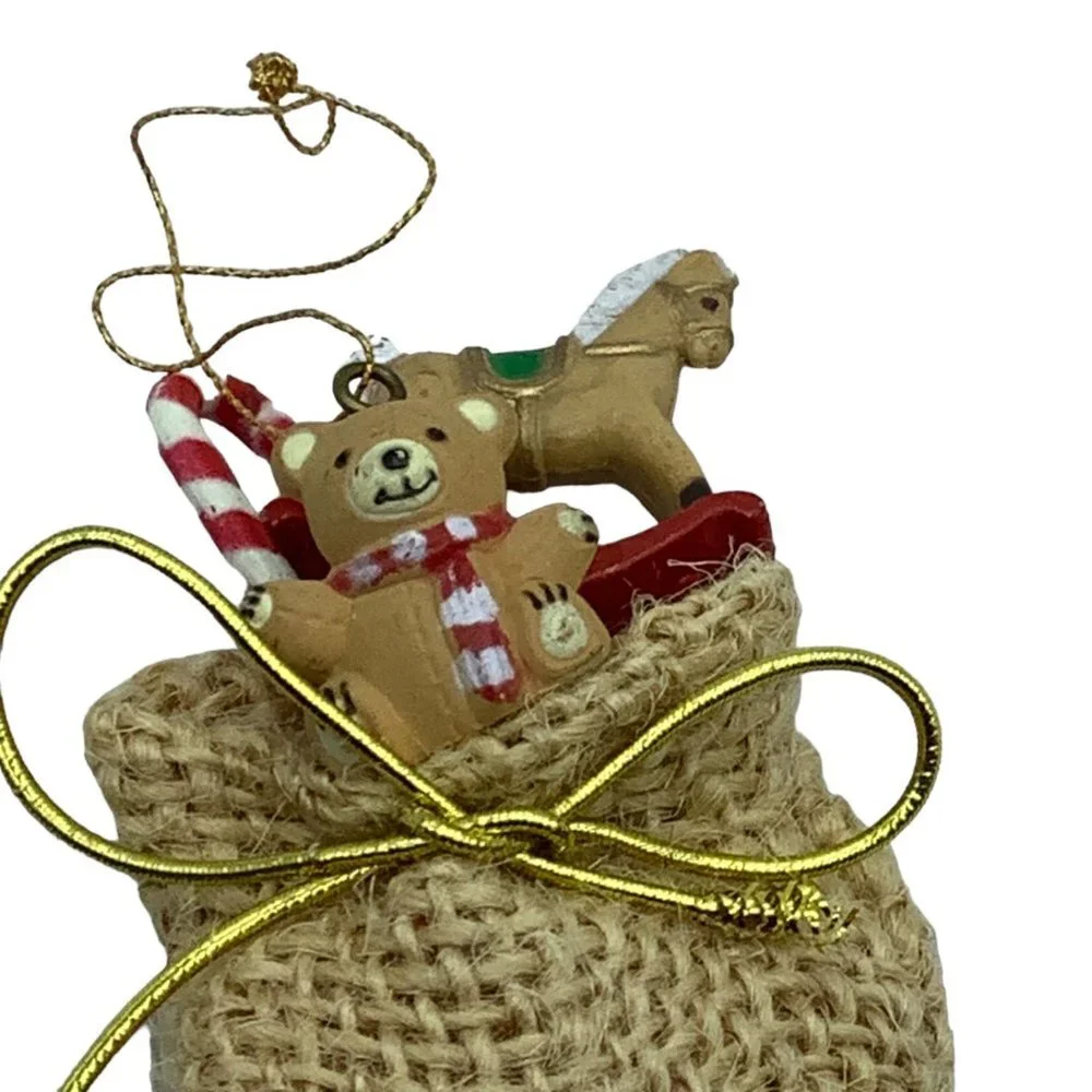 Santa's Claus Sack Filled with Toys Teddy Bear Horse Christmas Ornament 3.5